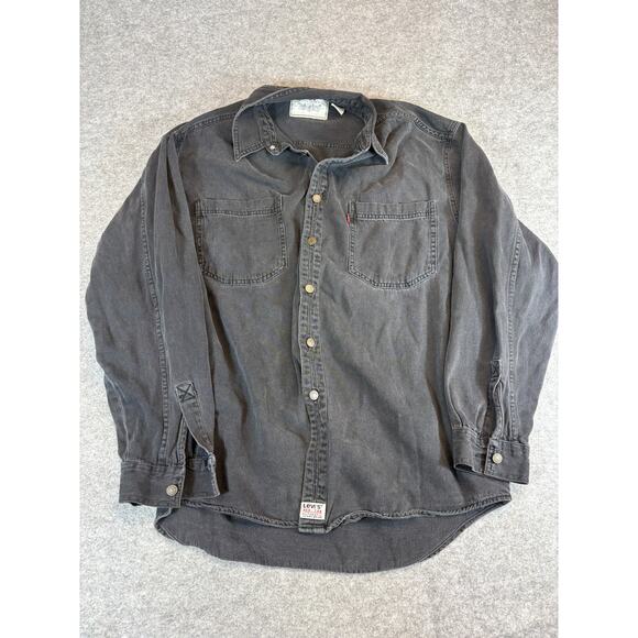 VINTAGE 90 Levis Jean Shirt Mens Large Black Denim Button Up Overshirt Grunge - Picture 1 of 5